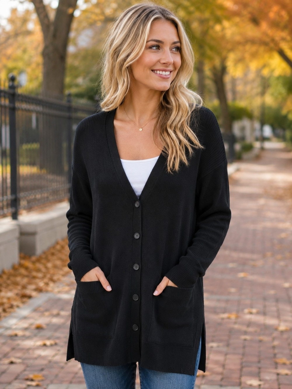 Halogen Black Merino Wool Blend V-Neck Button Front Women's Cardigan Sweater